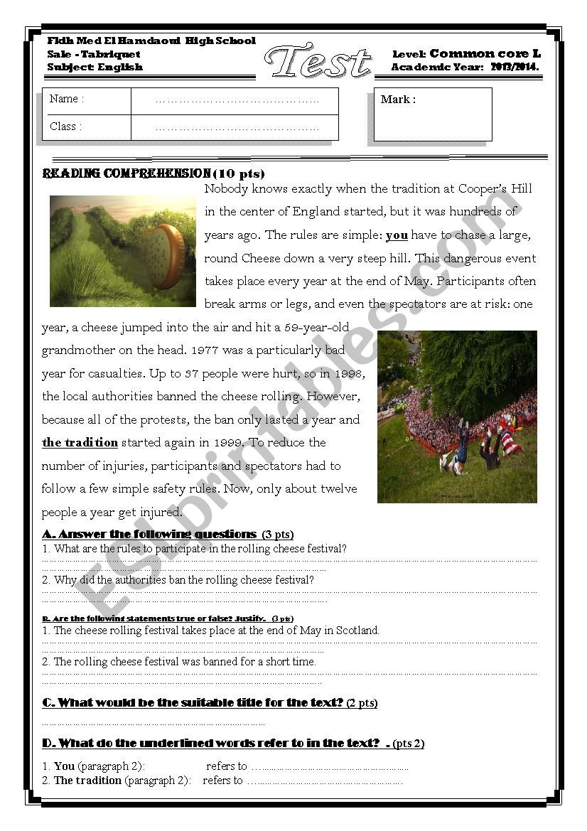 Cheese rolling festival - reading comprehension test