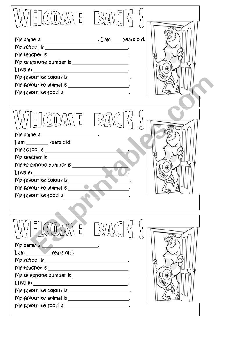 Welcome back worksheet