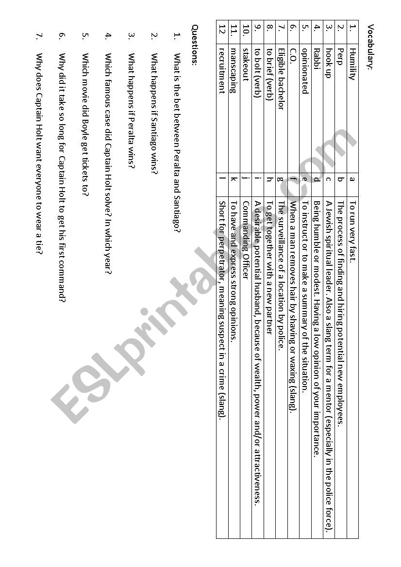 Brooklyn Nine Nine Episode 1 worksheet