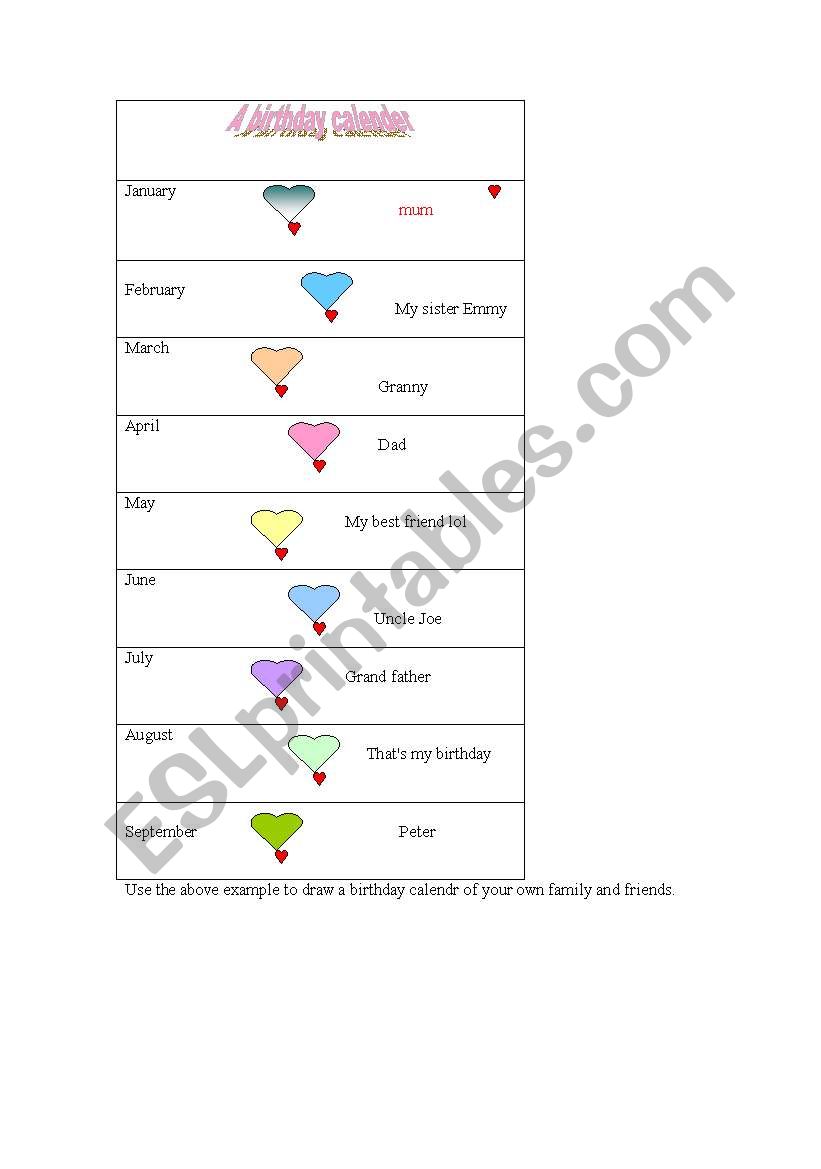 a birthday calender worksheet