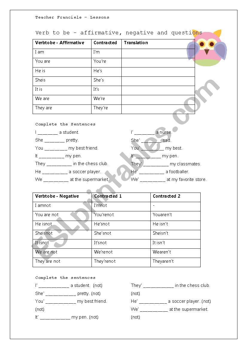 Verbs to be - Present forms worksheet