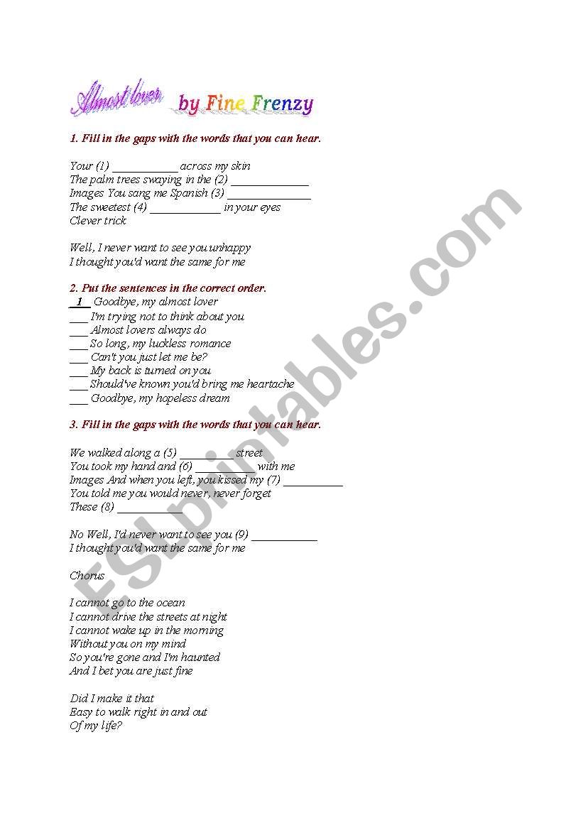 Almost lover by Frenzi worksheet