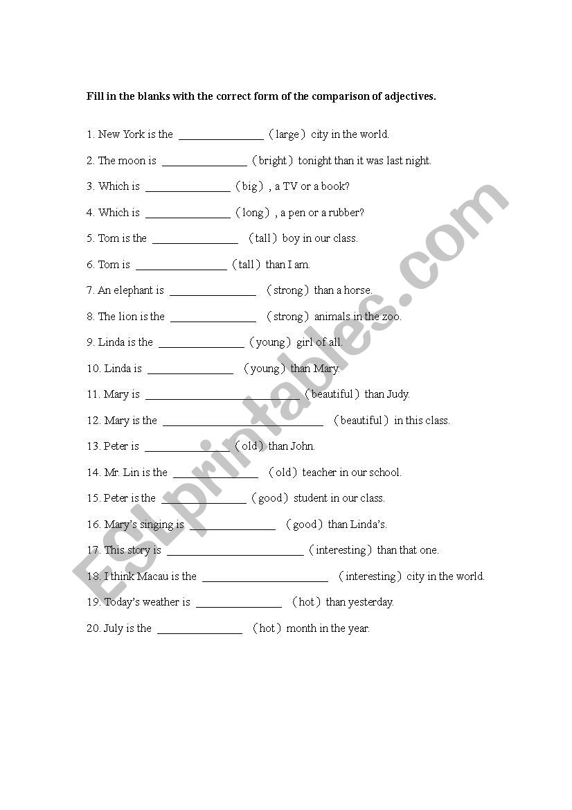 Comparison of adjectives worksheet