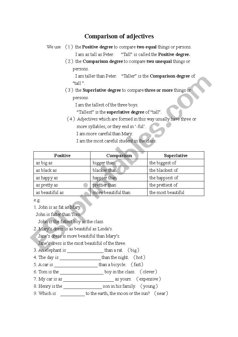 Comparison of adjectives worksheet