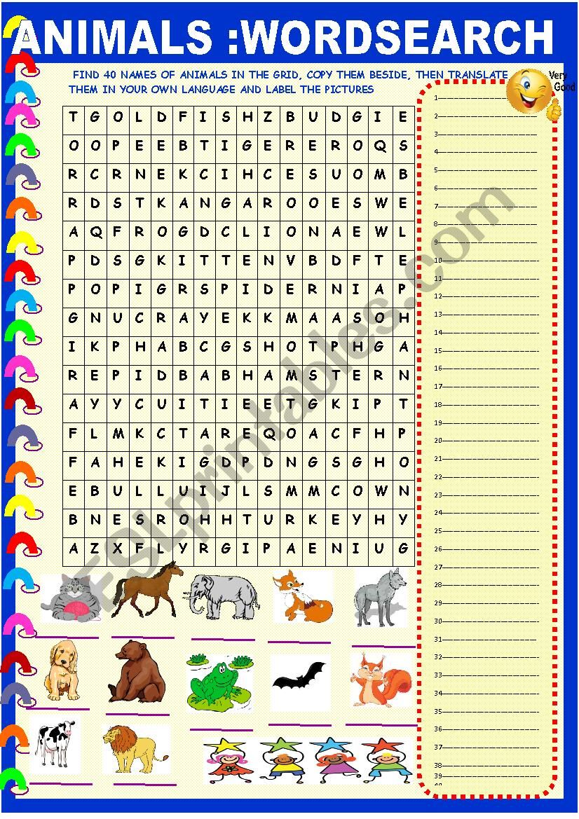 Animals: wordsearch with key worksheet