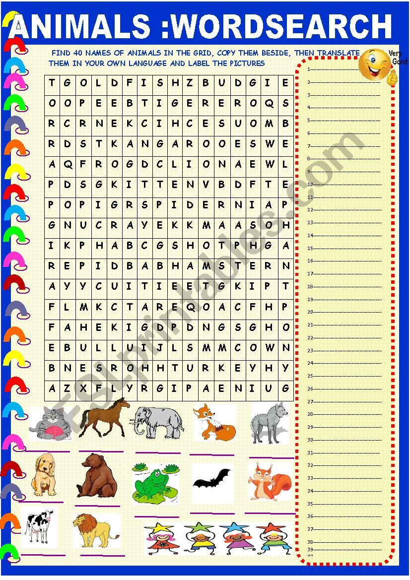 Animals: wordsearch with key worksheet