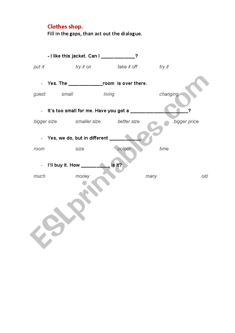 Clothes Shop worksheet