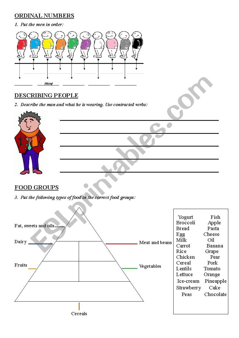 Exam (food, ordinal numbers, stative verbs, dictation)