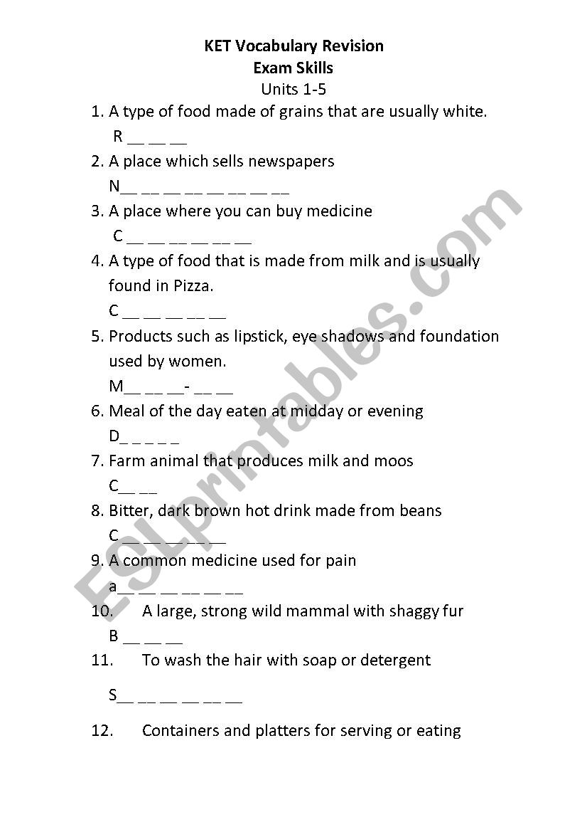 KET Units 1-5 Vocabular Sheets