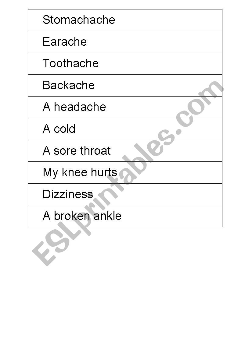 Match aches and pains worksheet