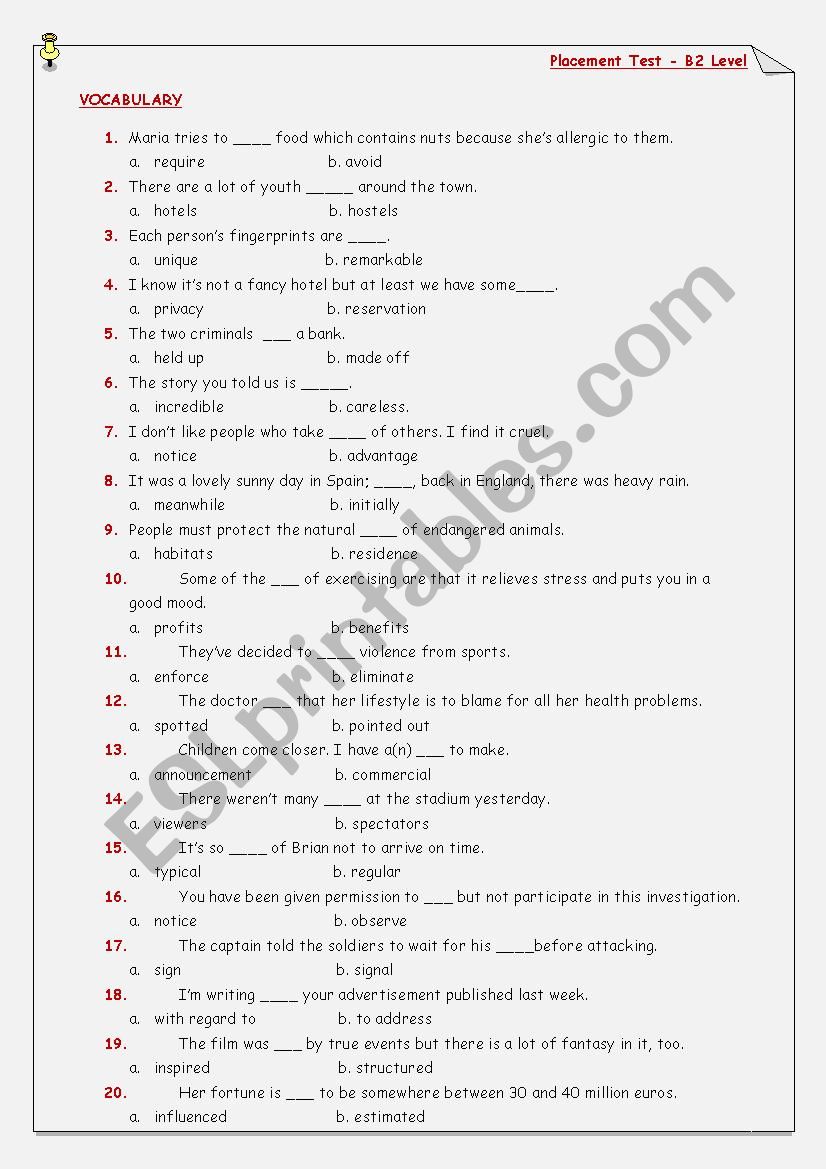 Placement Test - B2 Level worksheet