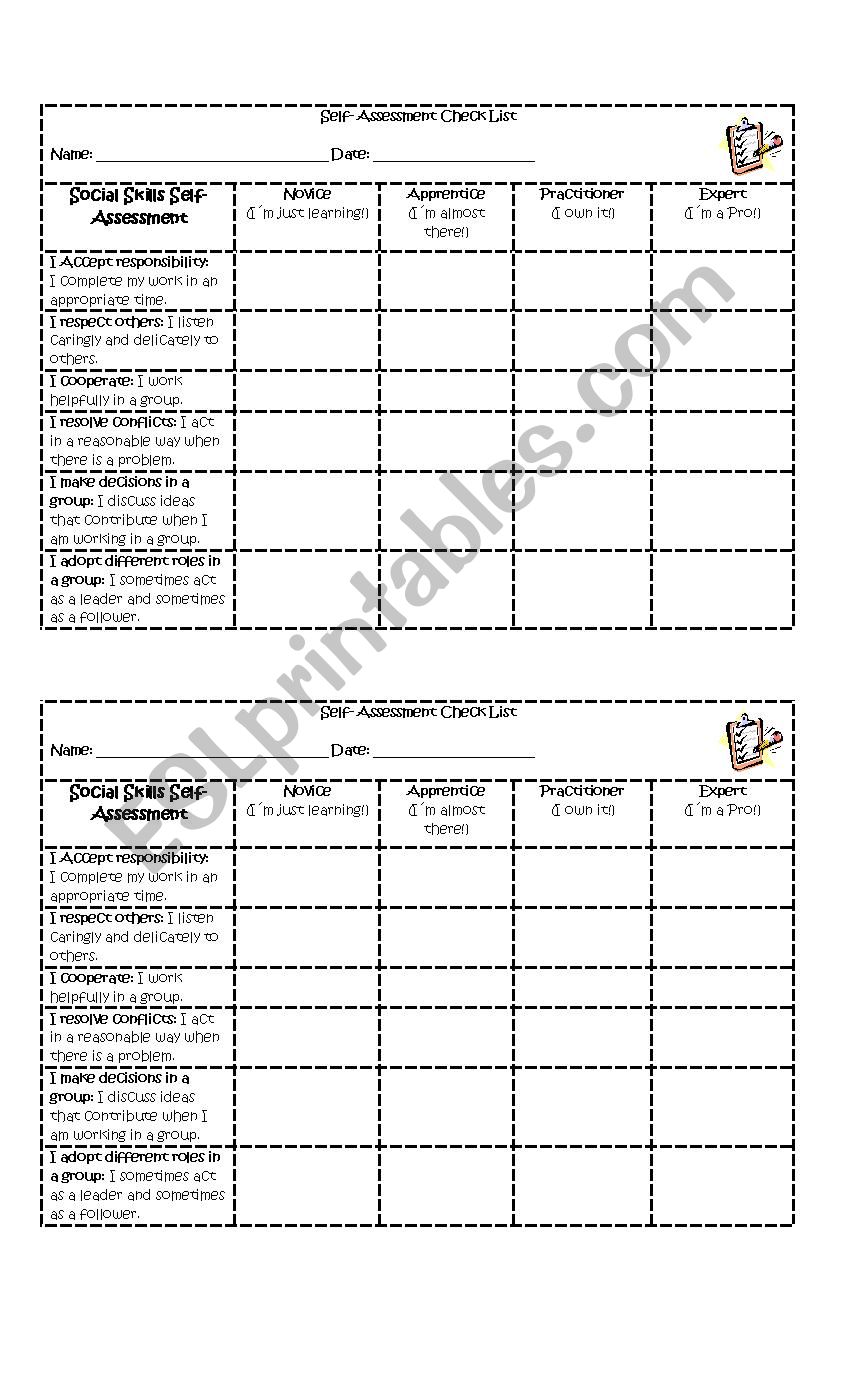 Self Assessment Social Skills worksheet