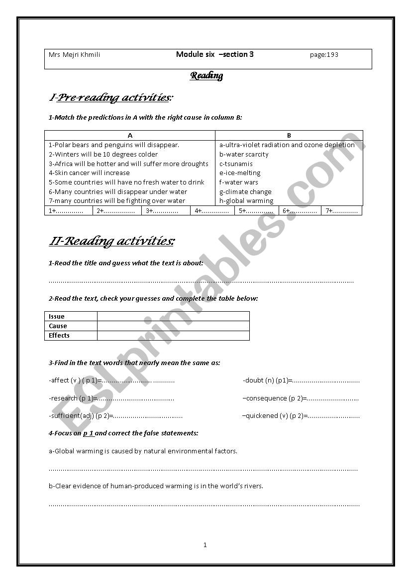 global warming  worksheet