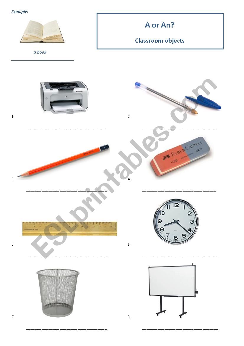 A or An - classroom objects (key included)