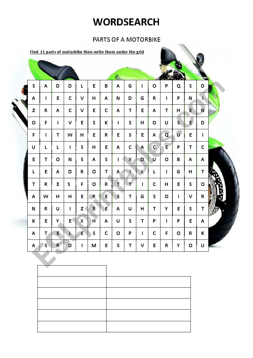 Wordsearch about motorbikes worksheet