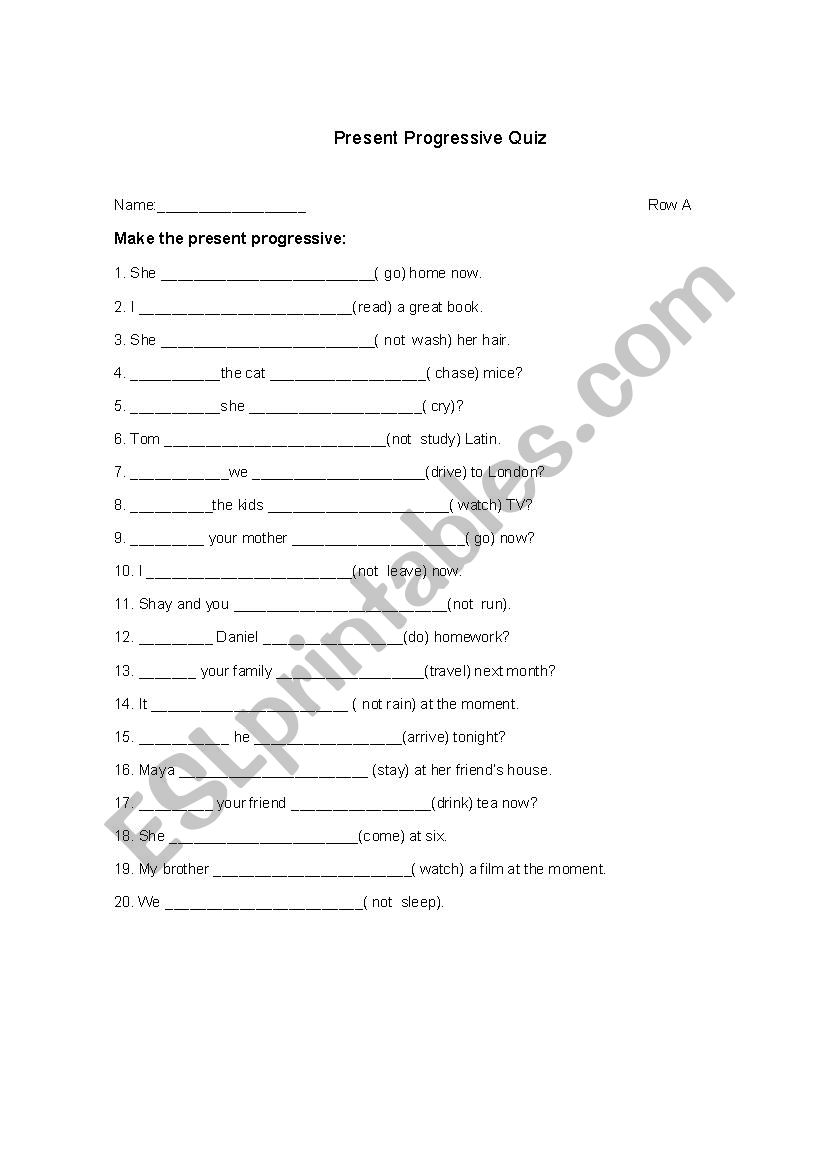 Present Progressive Quiz worksheet