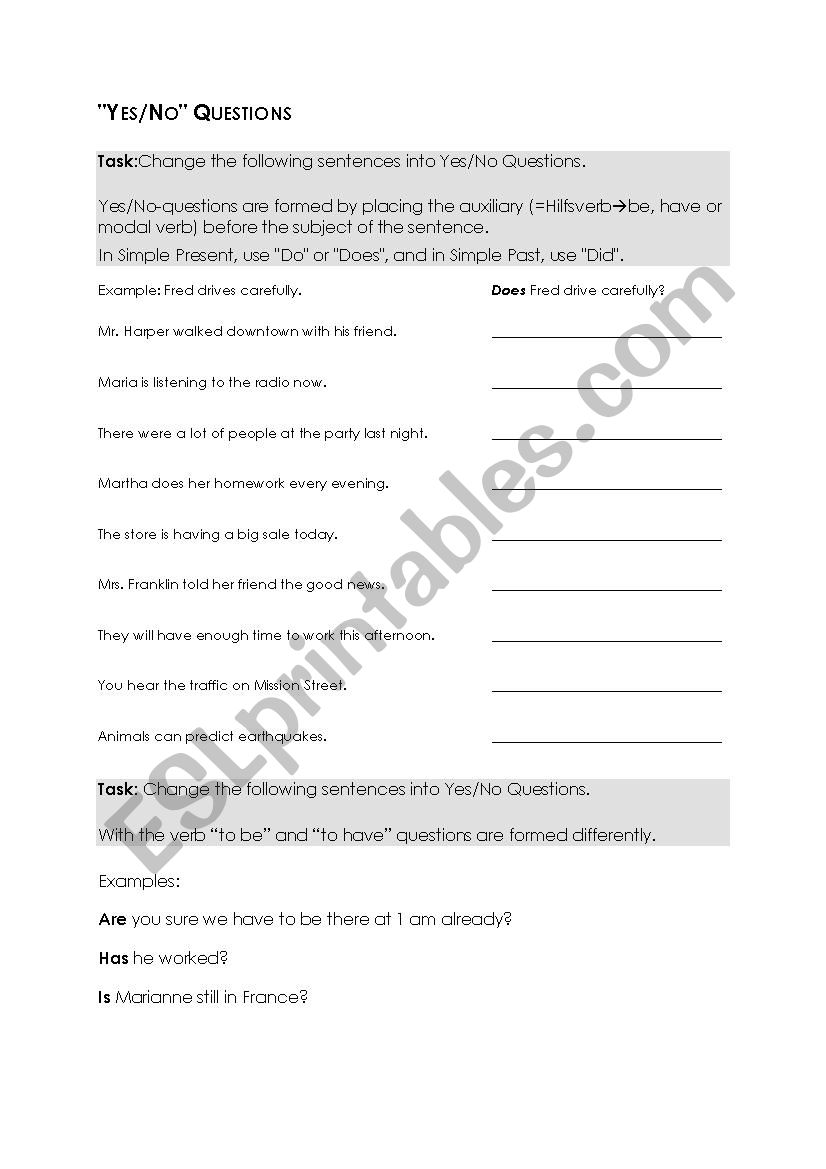 Yes/No Question worksheet