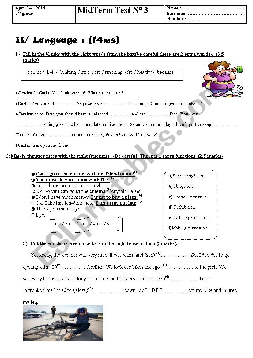 Mid term test n3 7th grade worksheet