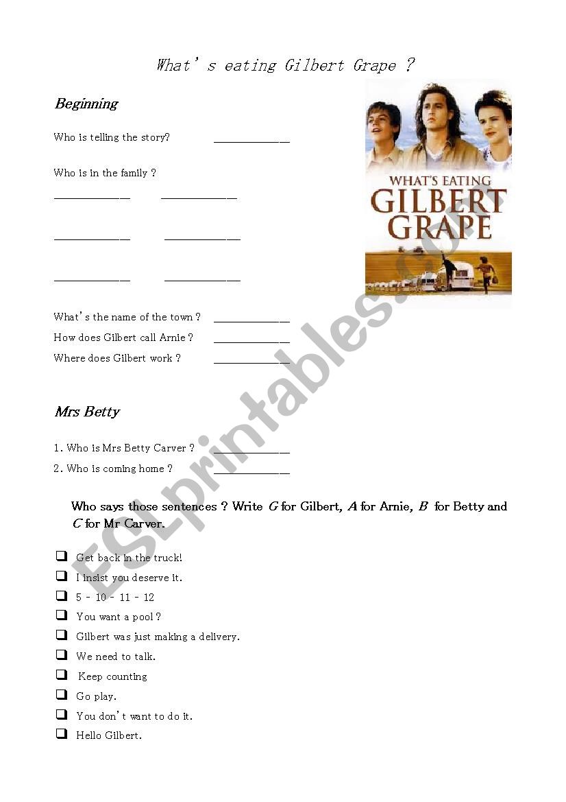 Whats eating Gilbert Grape worksheet