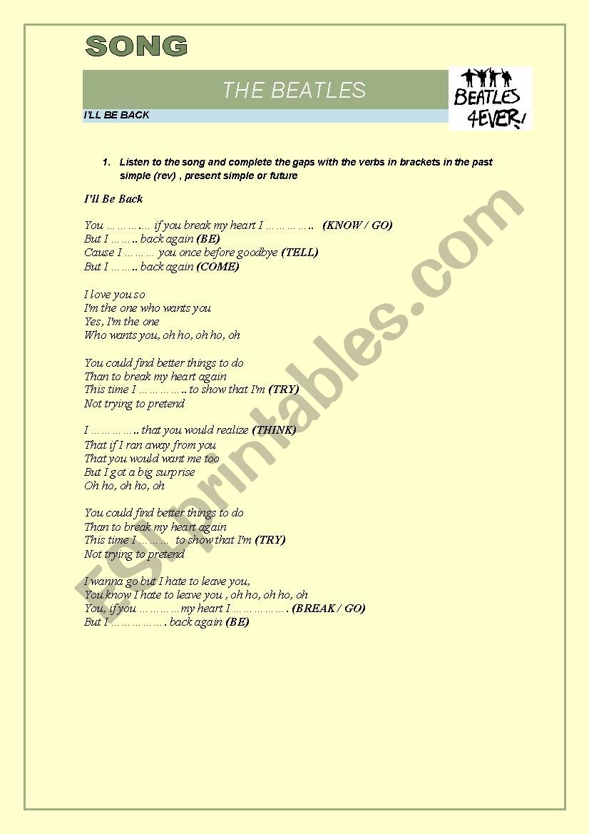 Ill be back by The Beatles worksheet