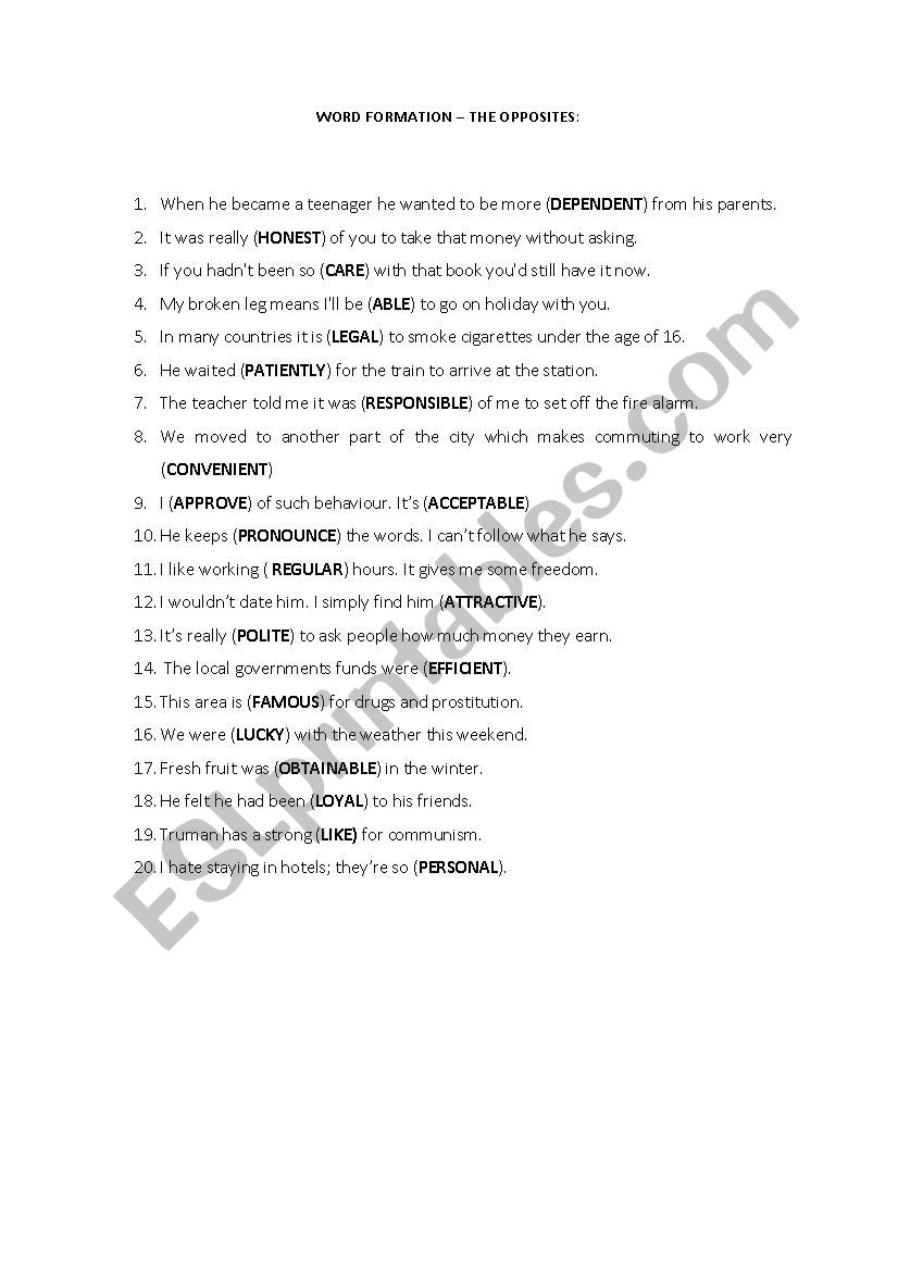 Word formation the opposites worksheet