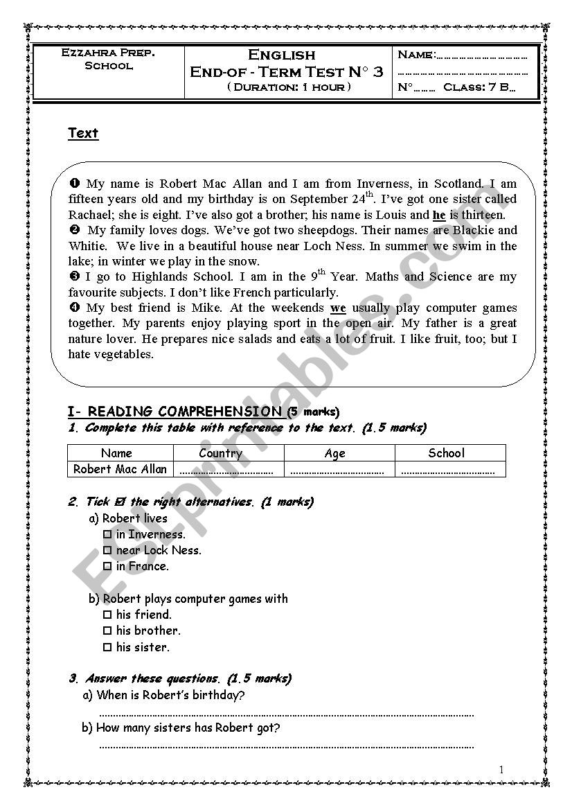 End-of-Term Test N3 worksheet