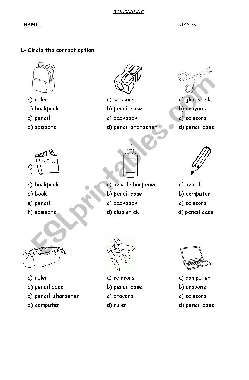 Objects classroom worksheet