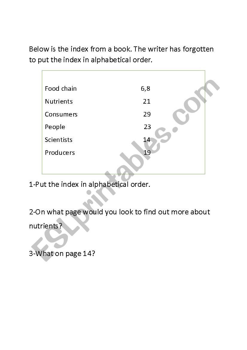 Book index worksheet