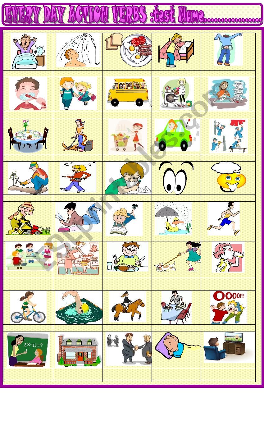 Everyday action verbs:  2 page vocabulary test 2