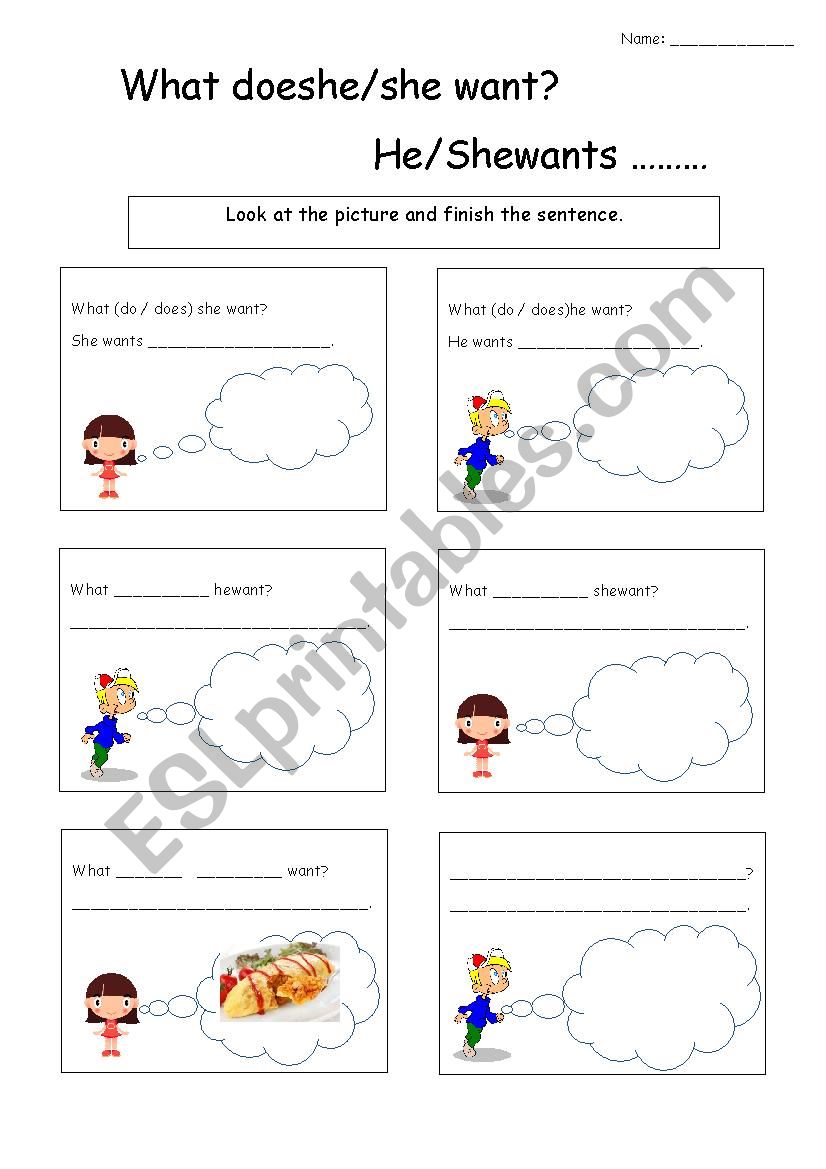 What does he/she want?  worksheet