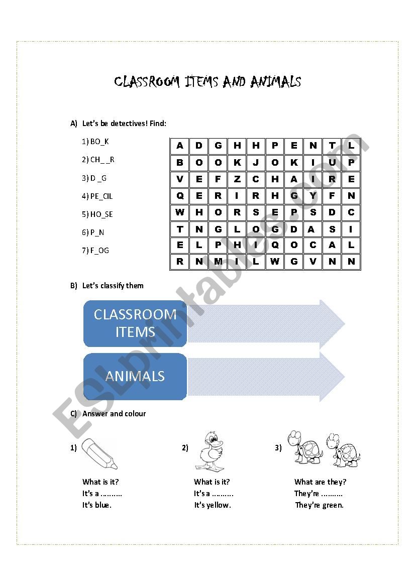 CLASSROOM ITEMS AND ANIMALS REVIEW