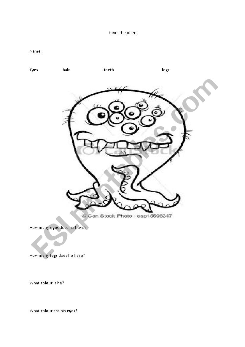 Label the Alien  worksheet