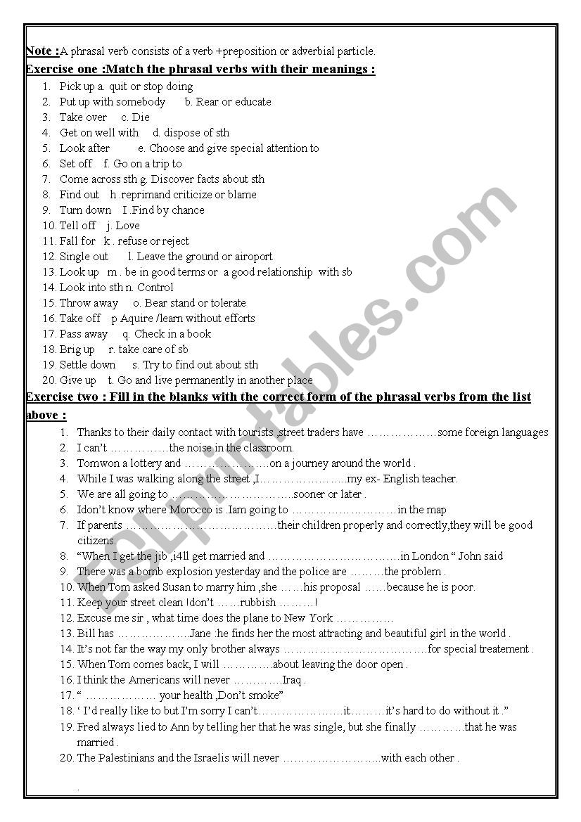 Exercises on Phrasal verbs  worksheet