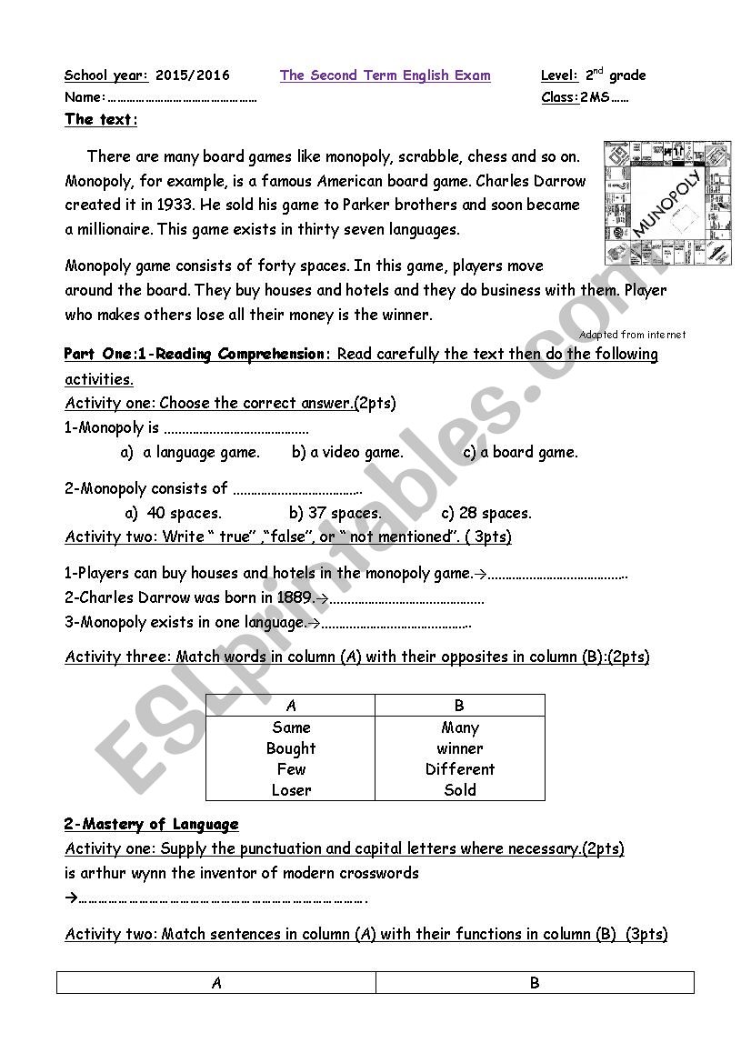 Second term exam worksheet