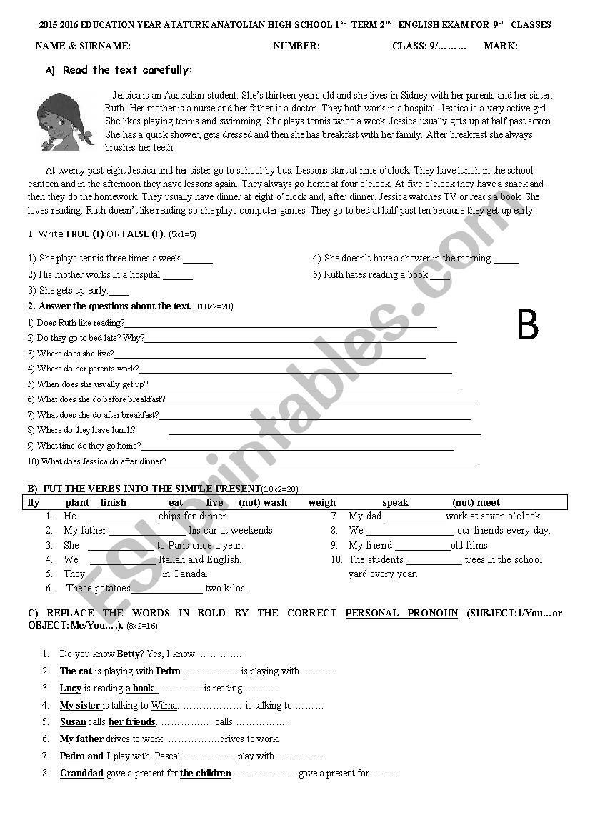 simple present test BBBBBB worksheet