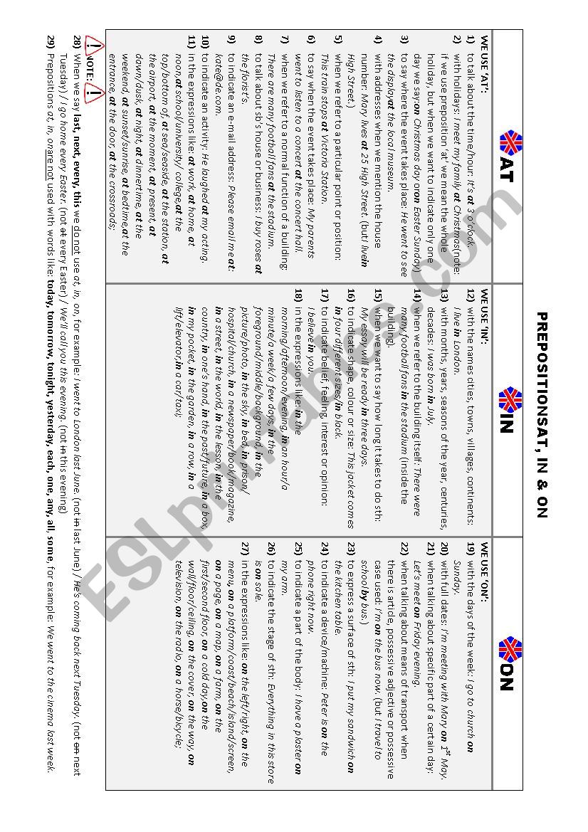 PREPOSITIONS AT, IN & ON worksheet