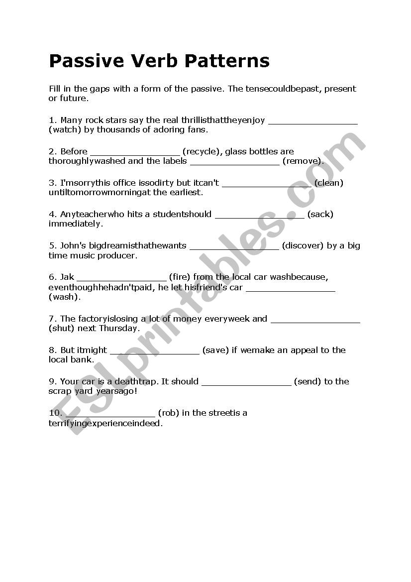 Passive verb patterns worksheet