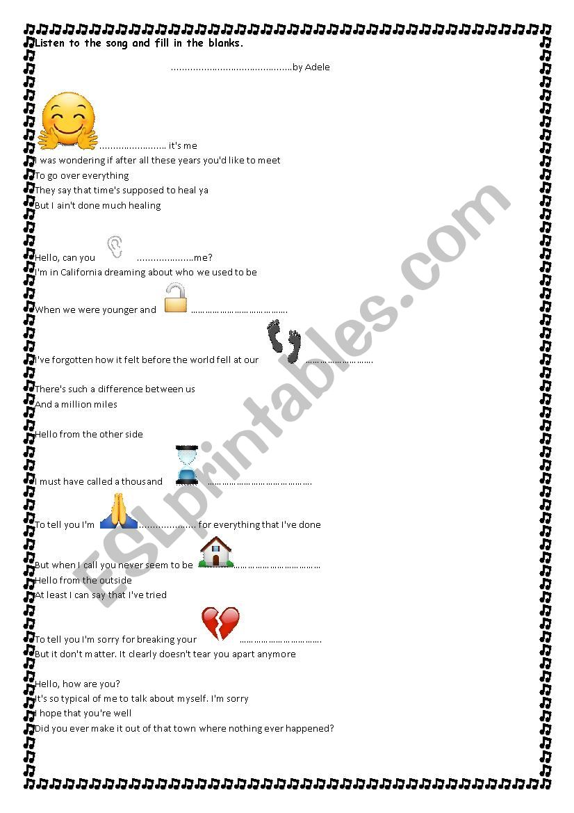 Hello by Adele worksheet