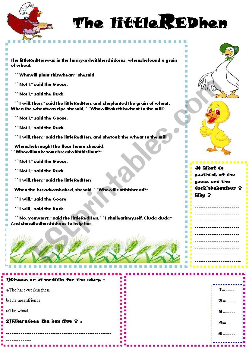 Story: The little red hen worksheet