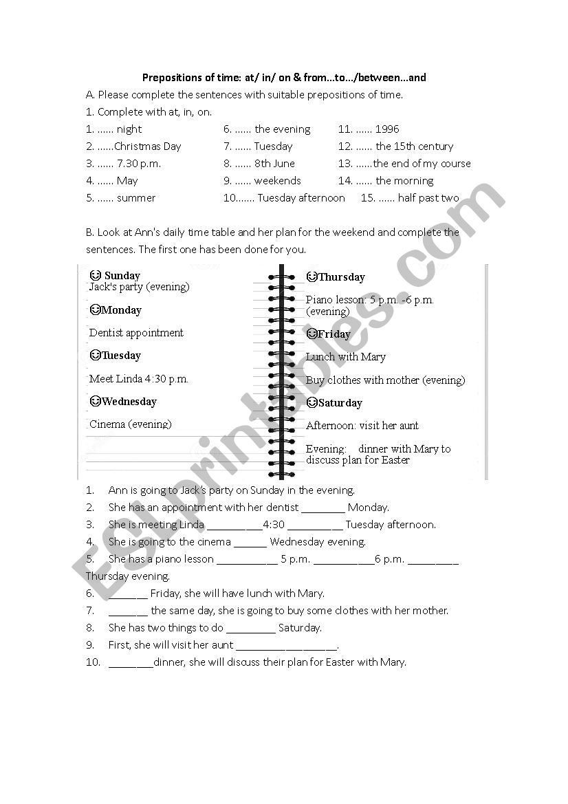 preposition of time worksheet