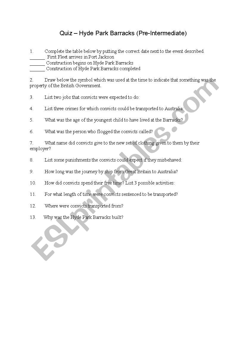 Quiz - Hyde Park Barracks worksheet