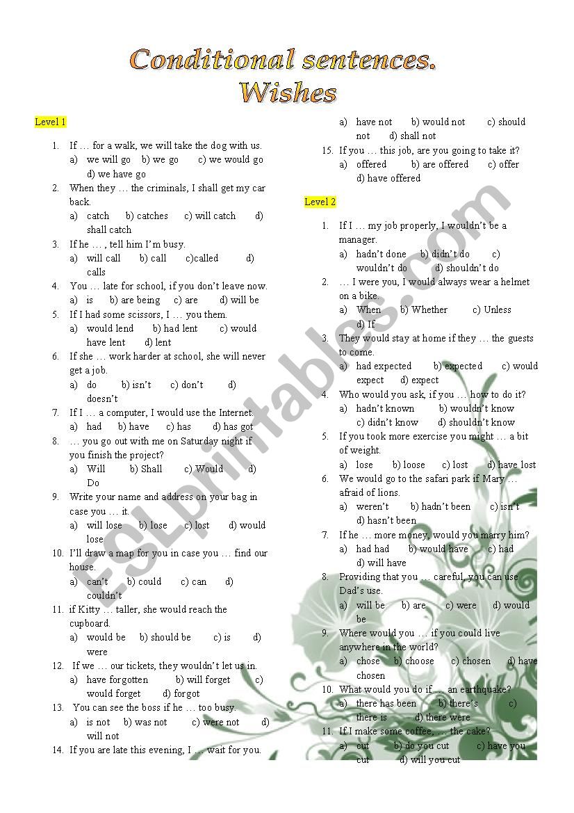 Conditionals. Wishes worksheet