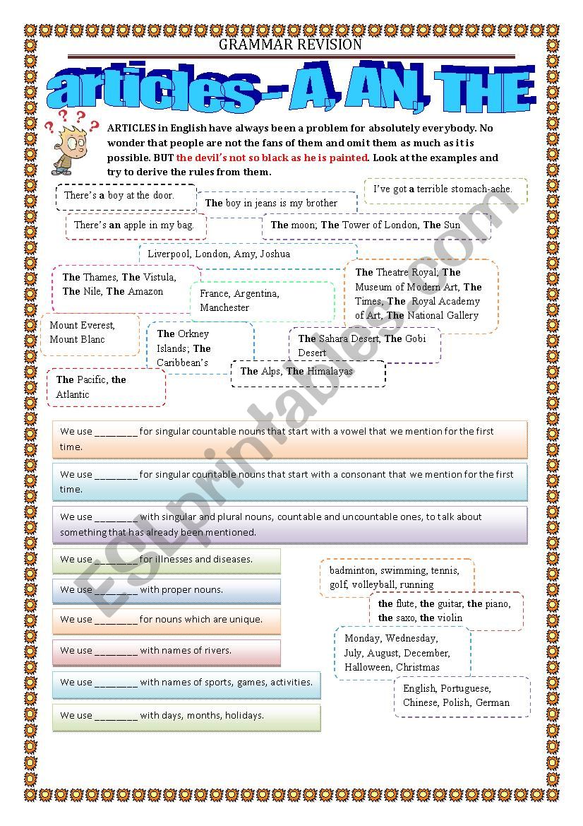 GRAMMAR REVISION - articles worksheet