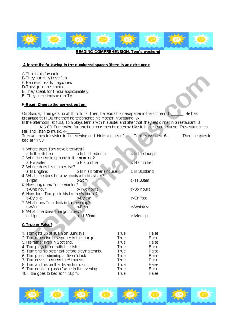 Reading comprehension worksheet