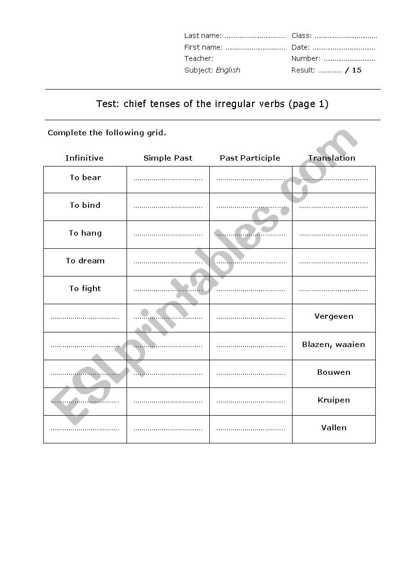 test on irregular verbs worksheet