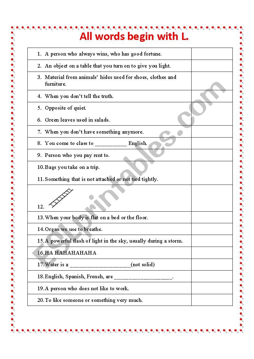 All the words start with L 2 worksheet