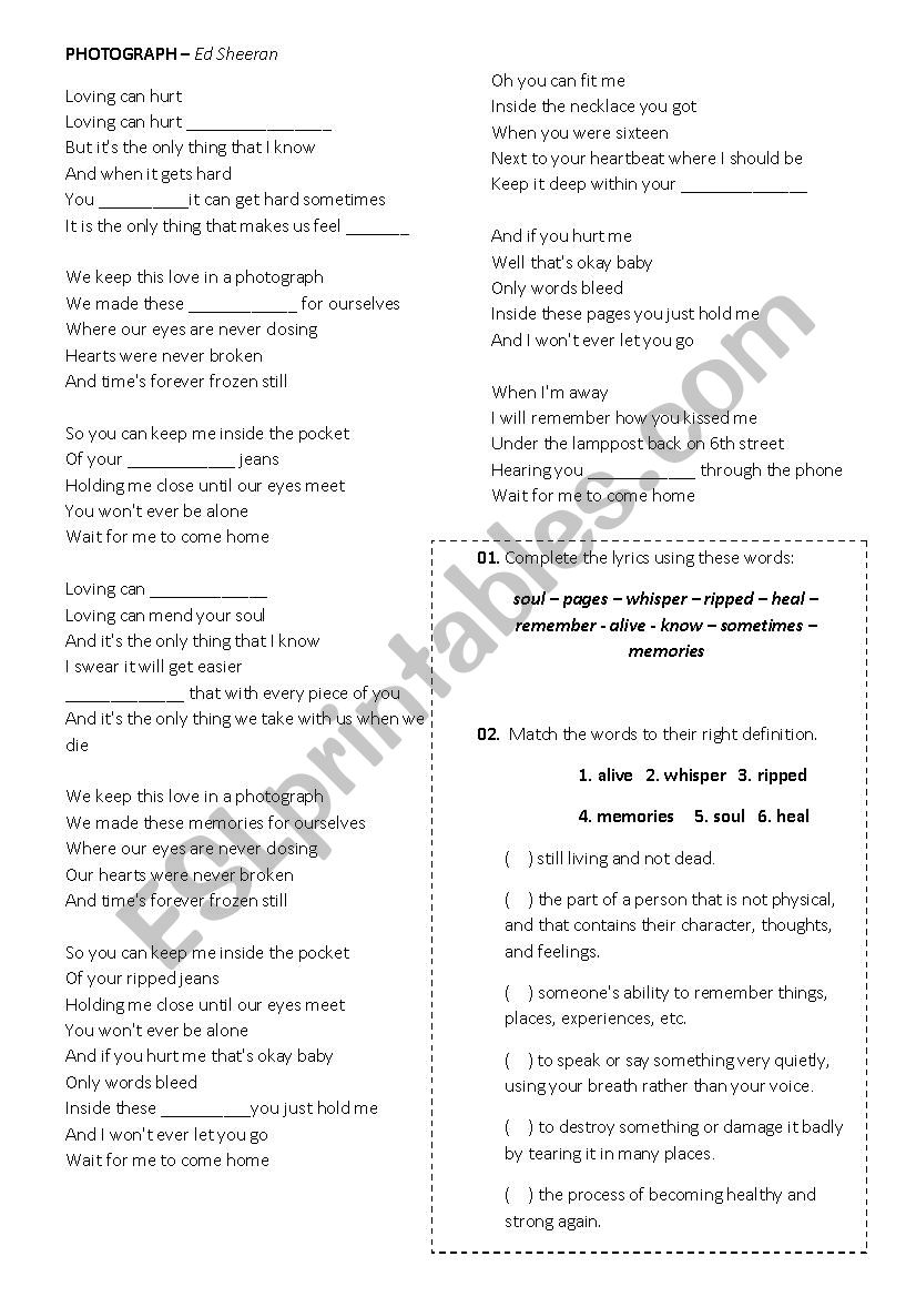 Photograph - song worksheet