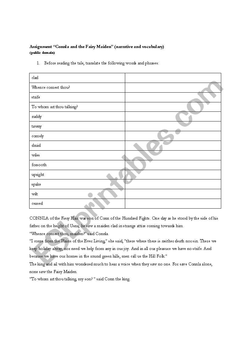 Connla and the Fairy Maiden (vocabulary, reading, writing)