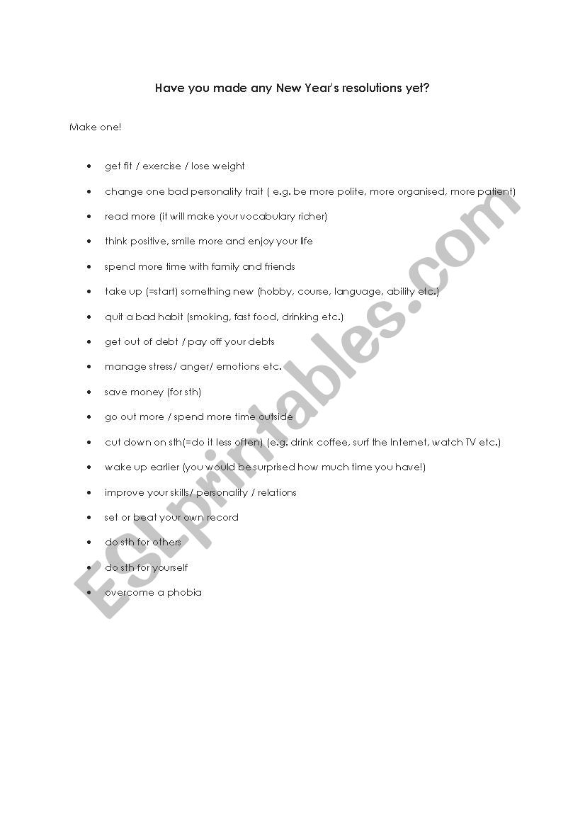 New Year resolutions! worksheet