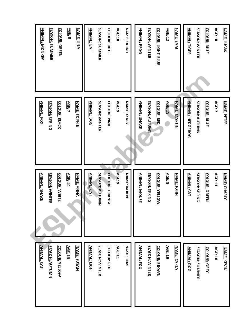 Personal Information cards worksheet